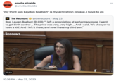 WRITERS GUILD ON STRIKE "my third son kaydon boebert" is my activation phrase. i have to go amelia elizalde @ameliaelizalde RE The Recount @therecount. May 23 Rep. Lauren Boebert (R-CO): "I left a prescription at a pharmacy once. I went to get birth control ... The price was very, very high ... And I said, 'It's cheaper to have a kid.' And I left it there, and now I have my third son." THE RECOUNT 0:19 10:26 PM - May 23, 2023 MRS. BOEBERT ... MRS. Mc