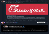 Joey Mannarino @JoeyMannarinoUS. 15h It's only a matter of time until they start putting t----- semen in the frosted lemonade at this point. Chick-fil- & chick-fil-a.com Diversity, Equity and Inclusion At Chick-fil-A we are committed to being Better at Together, which means embedding Diversity, Equity & Inclusion in everything we do. 65 Justin Whang @JustinWhang 2,762 1,662 ₁1.4M 企 Joey Mannarino @JoeyMannarinoUS 12:00 PM . May 30, 2023 13K Views Subscribe Just spotted a proud consumer of t----- semen! :