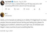 hey bestie @lyxopk- Aug 31, 2021 did it hurt? when u realized 2022 is just 121 days away and ur still processing 2019 which is about to be three years ago 366 63.1K 201.9K ₁ KY @holemate ... : delete, a lot of people are asking you to delete, it's triggering for so many people, there are people that are fainting and feeling sick, please i'm begging you to delete it, delete this post right now, its forbidden and illegal in many countries to post something like this. 8:40 AM - Sep 1, 2021