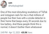 cam @harleybaghdad One of the most disturbing revelations of TikTok and instagram reels for me is that millions of people live their lives with a smoke detecter in their home that beeps every 30 seconds due to low battery. And these people think this is normal, it doesn't bother them whatsoever 3:49 PM · Apr 12, 2023 · 435.9K Views