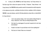 54. On May 23, 2022, TRUMP met with Trump Attorney 1 and Trump Attorney 2 at The Mar-a-Lago Club to discuss the response to the May 11 Subpoena. Trump Attorney 1 and Trump Attorney 2 told TRUMP that they needed to search for documents that would be responsive to the subpoena and provide a certification that there had been compliance with the subpoena. TRUMP, in sum and substance, made the following statements, among others, as memorialized by Trump Attorney 1: I don't want anybody looking, I don't want anybody looking through my boxes, I really don't, I don't want you looking through my boxes. a. b. C. d. Well what if we, what happens if we just don't respond at all or don't play ball with them? Wouldn't it be better if we just told them we don't have anything here? Well look isn't it better if there are no documents?
