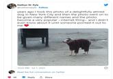 4K Nathan W. Pyle @nathanwpyle Follow years ago I took this photo of a delightfully attired dog in New York City and then the photo went on to be given many different names and the photo become a very popular internet thing and I didn't even know about it until someone pointed it out to me 10:25 PM Jul 7, 2021 Read the full conversation on Twitter Reply 1 Share O