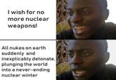 I wish for no more nuclear weapons! All nukes on earth suddenly and inexplicably detonate, plunging the world into a never-ending nuclear winter