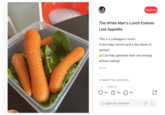 小红书 The White Man's Lunch Evolves Lost Appetite This is a colleague's lunch. A few baby carrots and a few slices of spinach Can they generate their own energy without eating? 05-05 A total of 1k+ comments A Xuan Zi 1k+ 1k+ focus on 1k+ Login to comment Ľ