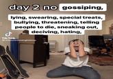 day 2 no gossiping, lying, swearing, special treats, bullying, threatening, telling people to die, sneaking out, deciving, hating, J Tik Tok @emporershmingleblorp