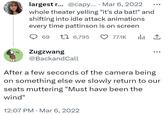 IL largest r... @capy... Mar 6, 2022 whole theater yelling "it's da bat!" and shifting into idle attack animations every time pattinson is on screen 69 16,795 Zugzwang @BackandCall 77.1K 12:07 PM. Mar 6, 2022 ث ال After a few seconds of the camera being on something else we slowly return to our seats muttering "Must have been the wind"