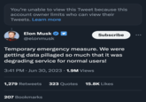 Twitter Disables Public Profiles You're unable to view this Tweet because this account owner limits who can view their Tweets. Learn more Elon Musk @elonmusk Temporary emergency measure. We were getting data pillaged so much that it was degrading service for normal users! 3:41 PM Jun 30, 2023 · 1.9M Views 1,279 Retweets 323 Quotes Subscribe 207 Bookmarks 15.8K Likes