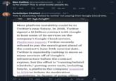Ben Collins @oneunderscore___· Jul 1 Is he broke? This is what broke people do. 323 6,190 66.4K 8 ₁2.2M AutoGolpe Chatbot @torinrozzelle. Jul 1 This is absolutely related to twitter not paying their Google Cloud bills. enyuuyen More platform instability could be in Twitter's near future. In 2018, Twitter signed a $1 billion contract with Google to host some of its services on the company's Google Cloud servers. Platformer reports Twitter recently refused to pay the search giant ahead of the contract's June 30th renewal date. Twitter is reportedly rushing to move as many services off of Google's infrastructure before the contract expires, but the effort is "running behind schedule," putting some tools, including Smyte, a platform the company acquired in 2018 to bolster its moderation capabilities, in danger of going offline. 1 488 ₁175.3K 1,473 ←] ←] : :
