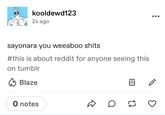 kooldewd123 2s ago sayonara you weeaboo s---- #this is about reddit for anyone seeing this on tumblr Blaze O notes EI Q LI 3