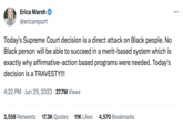Erica Marsh @ericareport Today's Supreme Court decision is a direct attack on Black people. No Black person will be able to succeed in a merit-based system which is exactly why affirmative-action based programs were needed. Today's decision is a TRAVESTY!!! 4:22 PM Jun 29, 2023 27.7M Views 3,558 Retweets 17.3K Quotes 11K Likes 4,570 Bookmarks : ...