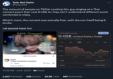 Tyler Not Taylor @Tyler 462 The amount of people on TikTok cooking this guy singing at a Thai concert event that cost 9 USD bc they can't understand different world currencies is crazy. What's more, the concert was actually free, with the con itself being 9 bucks. Let people have fun. $300 "Concert" 1,482 comments meeks THREE HUNDRED NONWAY 7h Reply View 53 replies ✓ 11:09 AM Jul 9, 2023 1M Views 6869 X 1 Thai Baht equals 0.028 United States Dollar Jul 9, 3:02 PM UTC Disclaimer 1D 0.0290 0.0285 0.0280- 300 8.54 5D 1M Jun 17 4,047 Retweets 426 Quotes 32.9K Likes 967 Bookmarks 1Y Jun 26 5Y + Follow Jul 4 Max Thai Baht United States Dollar