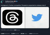 Culture Crave @CultureCrave Instagram's Twitter competitor Threads is expected to release July € 7:33 PM. Jul 3, 2023 9.1M Views 3,826 Retweets 2,505 Quotes 56.8K Likes 1,745 Bookmarks