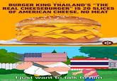 BURGER KING THAILAND'S "THE REAL CHEESEBURGER" IS 20 SLICES OF AMERICAN CHEESE, NO MEAT NEWS IGN made with mematic VIA: CNN I just want to talk to him