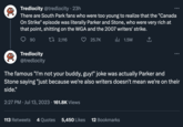 2023 Writers Guild of America Strike 8. Tredlocity @tredlocity. 23h There are South Park fans who were too young to realize that the "Canada On Strike" episode was literally Parker and Stone, who were very rich at that point, s------- on the WGA and the 2007 writers' strike. 2,116 1.5M 90 Tredlocity @tredlocity 25.7K The famous "I'm not your buddy, guy!" joke was actually Parker and Stone saying "just because we're also writers doesn't mean we're on their side." 2:27 PM Jul 13, 2023 · 161.8K Views 113 Retweets 4 Quotes 5,450 Likes 12 Bookmarks