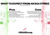 what to expect when Hollywood’s expecting WHAT TO EXPECT FROM AN SGA STRIKE (for a casual Californian) 50 Pros - Can freely interact with renowned actors during protests - Free autographs - New way of disposing leftovers while not wasting them - Dr. Horrible's Sing Along Blog 2 Cons All upcoming movies and TV- shows will be halted, meaning there'd be nothing good to watch Strikers may halt traffic - Dr. Horrible's Sing Along Blog 2 matte #SGAStrong