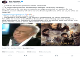 Eru Thingol @EruThingol - ¿Cuál es la mejor película de la historia? - La mejor del mundo, El Retorno del Rey de Peter Jackson. Un Padrino te lo veo pero cuando es algo especial un señor de los anillos, es un elissir y el otro es una buena pelicula. Una se ve, la otra se disfruta. Translated from Spanish by Google - What is the best movie ever? - The best in the world, The Return of the King by Peter Jackson. I'm able to watch a Godfather but when something special happens I pick up a copy of The Lord of the Rings, it is an elissir and the other is a good movie. One is seen, the other is enjoyed. 7:44 PM - Jul 8, 2023-24.3K Views Que muy 115 Retweets 7 Quotes 650 Likes 11 Bookmarks 27 DE EL RETORNO DEL REY Q ↑