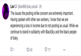 Lav @lav666.bsky.social. 2h The issues the posting strike concern are extremely important. Having spoken with other sex workers, I know that we are experiencing a loss in income due to not posting as usual. While we continue to stand in solidarity with BlackSky and the black people of bsky. Q1 1748 117