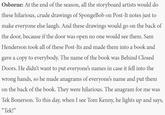 Osborne: At the end of the season, all the storyboard artists would do these hilarious, crude drawings of SpongeBob on Post-It notes just to make everyone else laugh. And these drawings would go on the back of the door, because if the door was open no one would see them. Sam Henderson took all of these Post-Its and made them into a book and gave a copy to everybody. The name of the book was Behind Closed Doors. He didn't want to put everyone's names in case it fell into the wrong hands, so he made anagrams of everyone's name and put them on the back of the book. They were hilarious. The anagram for me was Tek Bonerson. To this day, when I see Tom Kenny, he lights up and says, "Tek!"