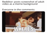 Redditor: posts screenshot of adult video as a meme background Everyone in the comments: WHERE'S