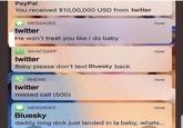 PayPal You received $10,00,000 USD from twitter MESSAGES twitter He won't treat you like i do baby WHATSAPP twitter Baby please don't text Bluesky back PHONE twitter missed call (500) MESSAGES now now now now Bluesky daddy long d--- just landed in la baby, whats...