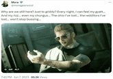 Mora @moragearsolid Why are we still here? Just to griddy? Every night, I can feel my gyatt... And my rizz... even my chungus... The ohio I've lost... the redditors I've lost... won't stop bussing... II GIF ALT 7:42 PM Jun 7, 2023 89.2K Views .