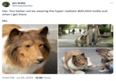 jon drake @DrakeGatsby Her: You better not be wearing the hyper-realistic $20,000 Collie suit when I get there Me: 11:00 AM. Jul 29, 2023 19.8K Views :