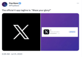 Pop Base @PopBase The official X app tagline is: "Blaze your glory!" X 2:28 AM Jul 31, 2023 X X Blaze your glory! ✰✰✰✰✰ 7.6M UPDATE :