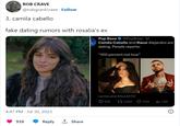 ROB CRAVE @robgrantcrave. Follow 3. camila cabello fake dating rumors with rosalia's ex 4:47 PM Jul 30, 2023 938 Reply 1 Share Pop Base @PopBase-1d Camila Cabello and Rauw Alejandro are dating, People reports: "100 percent not true" camila and RAULEETO 270 1,993 7,114 1.1M 0