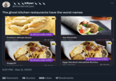 bЯyan @murderxbryan The ghost kitchen restaurants have the worst names Frankie's Alfredo House New • Italian #eggsAF Now Sandwiches $4 off your order of $12+ $4 off your order of $12+ 5:51 PM Dec 9, 2020 GH+ 32 Retweets 16 Quotes 30-40 min GH+ 25-1.5 min Ayy Karamba New • Gyro 905 Likes 17 Bookmarks Closes 6:45pm Eggy Stardust's Breakfast Burritos New Burritos GH+ $4 off your order of $12+ : GH+ 30-40 min
