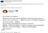 Dripped Out Trade Unionists @UnionDrip Bro is mad UPS drivers will be making 170k a year by the end of this contract. Maybe he should get a union job. ALL @jason IN @Jason Fun with numbers: UPS drivers will make $170k a year by the end of their new contract... ~$80 an hour in 2029 (really?) 10 hour shift = $800 how many packages per hour, 5? 10? $800/50 packages = $16 in wages per package? $800 / 100 packages = $8 per package? ALT My theory.. 2:03 AM - Aug 9, 2023 57.7K Views