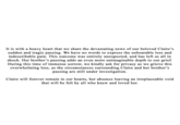 It is with a heavy heart that we share the devastating news of our beloved Claire's sudden and tragic passing. We have no words to express the unbearable loss and indescribable pain. This outcome was entirely unexpected, and has left us all in shock. Her brother's passing adds an even more unimaginable depth to our grief. During this time of immense sorrow, we kindly ask for privacy as we grieve this overwhelming loss, as the circumstances surrounding Claire and her brother's passing are still under investigation. Claire will forever remain in our hearts, her absence leaving an irreplaceable void that will be felt by all who knew and loved her.