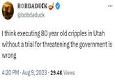 BOBDADUCK @bobdaduck I think executing 80 year old cripples in Utah without a trial for threatening the government is wrong 4:20 PM - Aug 9, 2023 · 29.4K Views