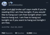 с @chefskissbby ... zayn and gigi broke up? zayn malik if you're reading this i am free tonight. if you would like to hang out i am free tonight when i am free to hang out. i am free to hang out tonight so if you want to hang out tonight i am free. 4:43 PM Oct 30, 2021 752 Reposts 51 Quotes 2,560 Likes