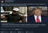 Charlie Kirk @charliekirk11 BREAKING: Vivek Ramaswamy only GOP candidate to show support in Miami, pledges to pardon Donald Trump TRUTH thepostmillennial.com BREAKING: Vivek Ramaswamy only GOP candidate to show support in Miami... "I don't want to win this election, unlike others, by eliminating our competition by a federal administration police state arresting my opponents." 10:34 PM . Jun 13, 2023 · 907.8K Views 3,977 Reposts 201 Quotes 25.7K Likes 40 Bookmarks