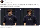 @HYUNH4YI park jihoon you are glowing so differently these days... do you need a dog? i can bark. for real. ASURI TEU DAY 1st PRIVA 1/ 7:53 AM . Oct 1, 2021 TR ABURI TEU DAY 1st PRIY way a