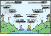 variation of "Our Blessed Homeland versus Their Barbarous Wastes"

Our Blessed Python versus Their Barbarous JavaScript

our glorious syntax versus their wicked grammar

our great pip versus their primitive node

our noble programs versus their backwards webapps

our heroic programmers versus their brutish devs
