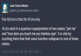 Juan Carlos Muñoz @astro_jcm@mastodon.online Fun #physics fact for #Caturday #Cats exist in a quantum superposition of two states: "pet me" and "how dare you touch me you hairless ape". It is only by touching them that their wave function collapses to one of these states. Aug 19, 2023, 10:49 · · Web · 78 · ★ 111