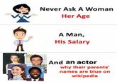 F A COMICE Never Ask A Woman Her Age SAN DI SAN DI CO INTERNA SAN D 20 NATION DIE ECO Sa INT A Man, His Salary And an actor why their parents' names are blue on wikipedia