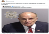 no @zedonarrival t-shirt design printing machines currently overheating across all five boroughs philip lewis @Phil_Lewis 17h Booking photo for Rudy Giuliani has been released: SHERIFF FULTON COUNTY SHERIFF'S OFFICE PATRICK LABAT 4:47 PM. Aug 23. 2023