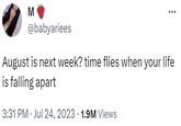 M @babyariees August is next week? time flies when your life is falling apart 3:31 PM. Jul 24, 2023 1.9M Views