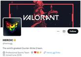 Valorant ⠀⠀ HEROIC @heroicgg DEFY THE VALORANT The world's greatest Counter-Strike 2 team. Professional Sports Team Joined June 2016 heroic.gg/links Follow