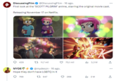4 DiscussingFilm ✔ @DiscussingFilm - 16 ago. First look at the 'SCOTT PILGRIM' anime, starring the original movie cast. Releasing November 17 on Netflix. 429 11,7 mil 768 MYDE ✔ @mydeszn - 16 ago. Hope they don't have LGBTQ in it NETFLIX 1947 70,1 mil 268 KPC ılı 3,3 M ₁2 M ... +] ↑