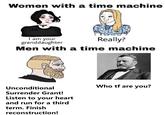 Reconstruction Women with a time machine I am your granddaughter Men with a time machine Really? Unconditional Surrender Grant! Listen to your heart and run for a third term. Finish reconstruction! Who tf are you?