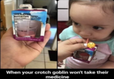 100% JUICE Nutrition Facts Serving Ser 1 Cartane 20 ml PEATELLE PALAZZ When your crotch goblin won't take their medicine