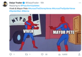 Daiye Trader @DaiyeTrader. 15h Replying to @PopulismUpdates Vivek & Mayor Pete #AcrossThe DisneyVerse #AcrossTheSpiderVerse #SpiderMan #Meme NYPD mgflip.com 1 VIVEK 27 1 3 32 MAYOR PETE ₁8,832 (→
