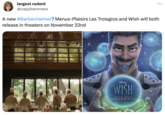 largest rodent @capybaroness A new #Barbenheimer? Menus-Plaisirs Les Troisgros and Wish will both release in theaters on November 22nd Disney WISH ... ONLY IN THEATERS NOVEMBER 22