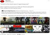 Akuma @Akumabat "2023 is the best year in gaming ever" Your opinion is just as s--- as these people's Two sides of the same coin WM ummary: The island town of /w CartridgeGames @CartridgeGames · Sep 9 One of my favorite trends are people that only play popular mature titles like Destiny and COD going "wow, Gaming's kind of bad now". In 2023 - arguably the greatest year for video games ever B siege by out the chers c out the sun and the open word en a deep vory c egon of vampin in the samples M Buy amazon.com Creativity is Dead... It's Bad wome tot Dende Gene y Exp w R.I.P CREATIVITY Rating User Score 223 Dev Wa M de Mer Saras 12:55 a Developer Dendels F De ⠀ Noc On devade Det and Credit EWS: Mixed (7,139) Mixed (215,377) 13:11 ⠀ WHY IT'S DYING LUNA The Sad State of Modern Gaming 5:35 AM . Sep 10, 2023 12.9K Views Gaming is Dying... This is why ZU! The REAL Reason Gaming : 53:47 ⠀ 45 9:07 :