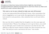 wariotifo @wariotifo this gives an idea how many victims there might be. taxi drivers recognised Brand's address having been to and from there so often and would try to warn women about him 'He sent a car to my school to take me out of lessons' As her taxi approached Russell Brand's home, Alice remembers the driver begging her not to go inside. Recognising the destination, he had started to ask questions. Alice admitted she was 16 and still in school. She says the driver replied that his daughter was the same age and entreated Alice: "Please, I'm asking you not to go in there, you could be my little girl, and I would want someone to do this for her.” He offered to take her home without charge, but Alice insisted she was fine. "He had just such a sad look in his eyes," she recalls. 8:50 PM. Sep 16, 2023 818.8K Views .
