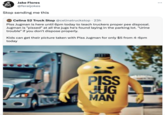Jake Flores @feraljokes Stop sending me this Celina 52 Truck Stop @celinatruckstop. 23h Piss Jugman is here until 6pm today to teach truckers proper pee disposal. Jugman is "p-----" at all the jugs he's found laying in the parking lot. "Urine trouble" if you don't dispose properly. Celina Kids can get their picture taken with Piss Jugman for only $5 from 4-6pm today PISS JUG MAN : ...