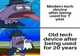 Modern tech device after being used for 1 year Old tech device after being used for 20 years